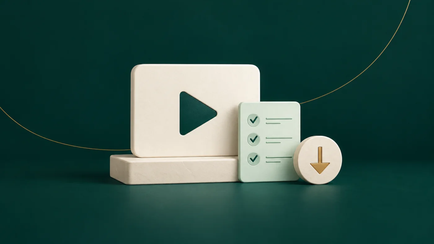 Illustration of a video play symbol, export checklist and download arrow