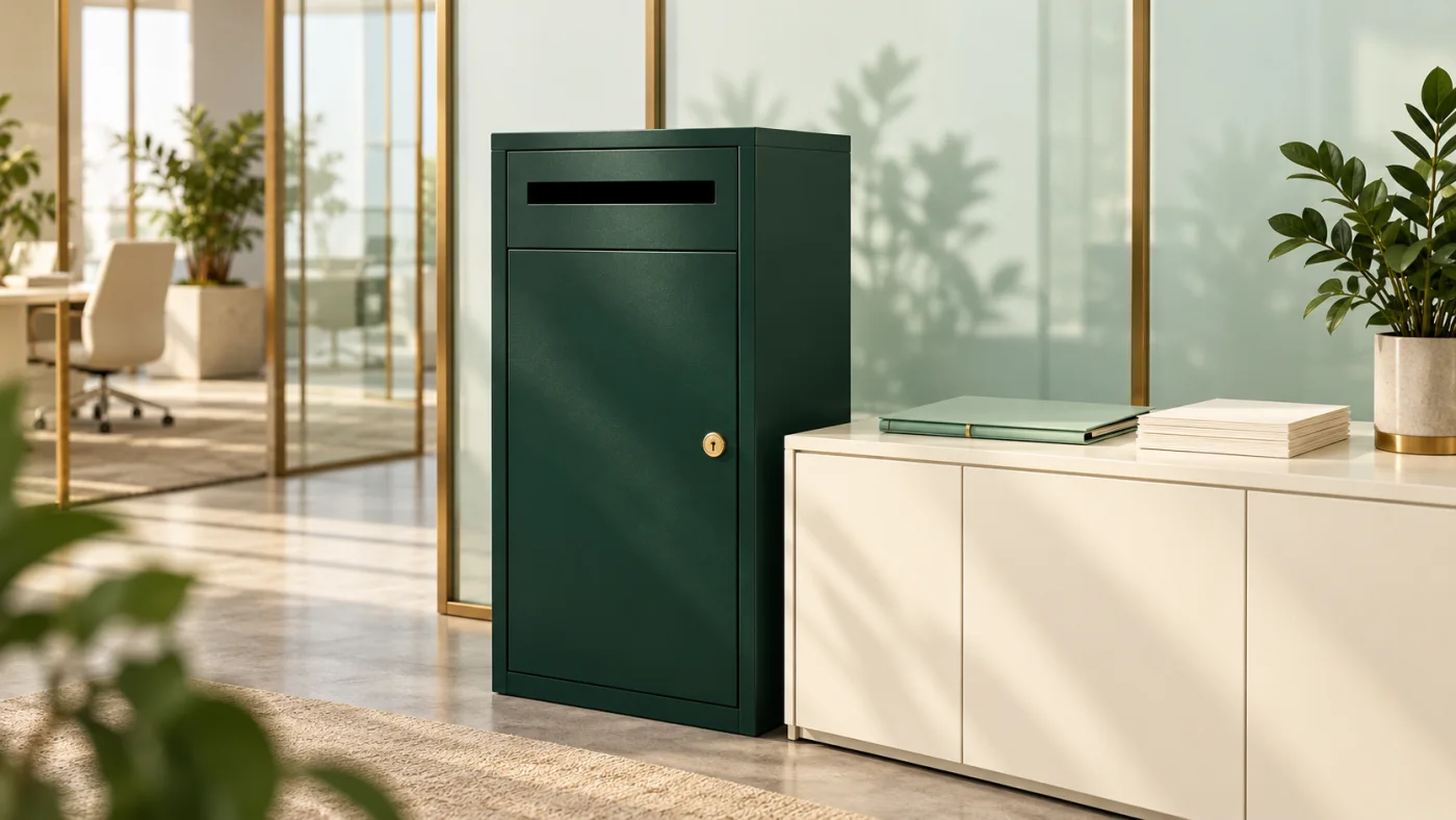 A closed forest-green document collection cabinet stands beside a folder and a tidy stack of blank paper.