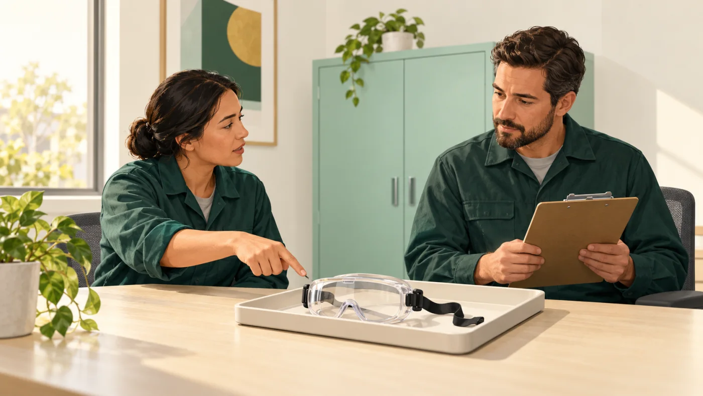 A worker reports a concern about safety goggles on a review tray while a supervisor listens with a clipboard.