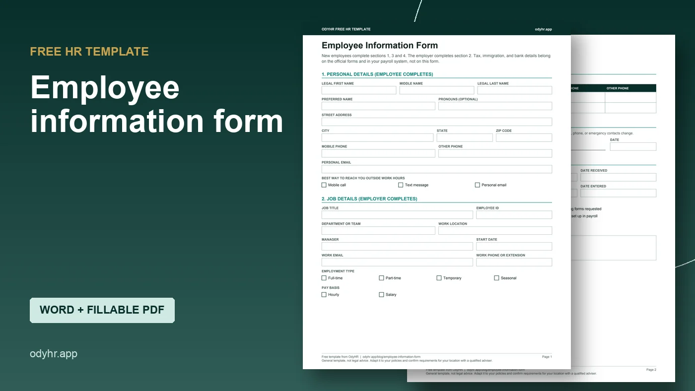 Preview of the OdyHR employee information form showing personal details and job details sections