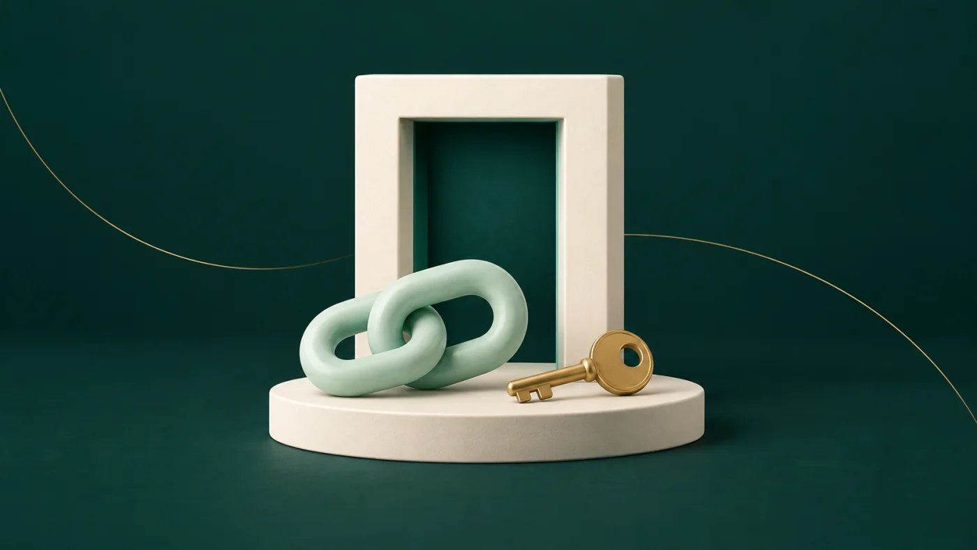 Illustration of a doorway beside a chain link and key