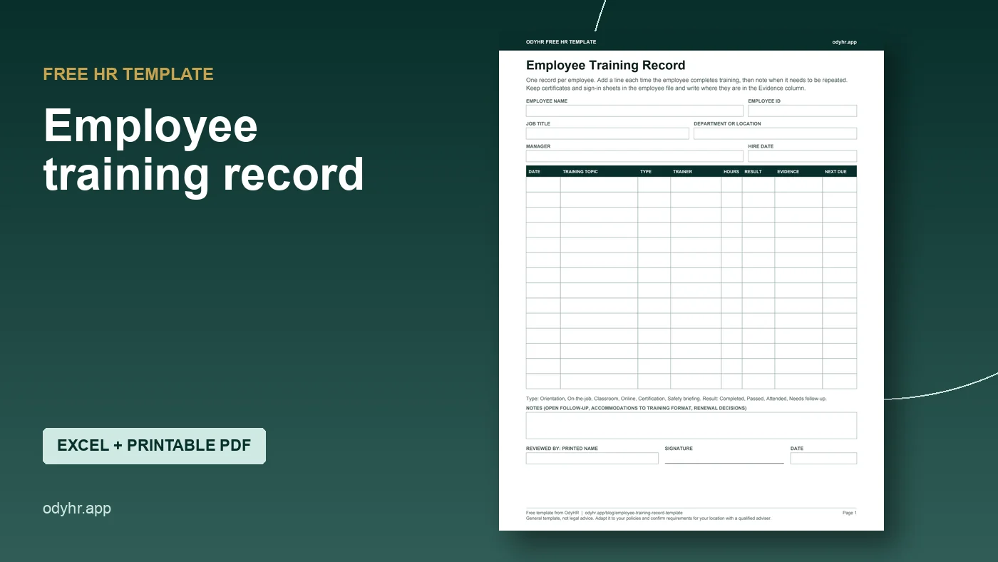 Preview of the OdyHR employee training record template with employee details and a training log table