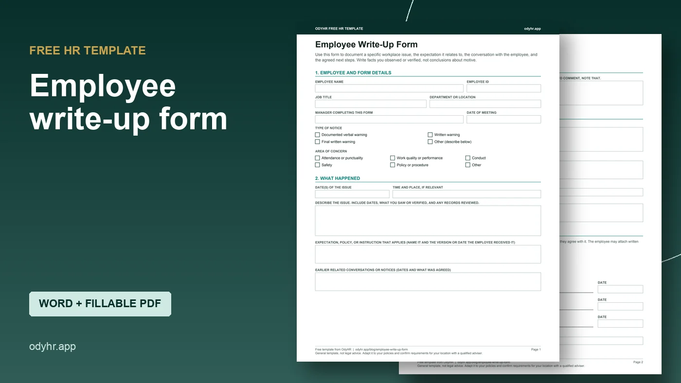 Preview of the OdyHR employee write-up form showing employee details, type of notice and what happened sections