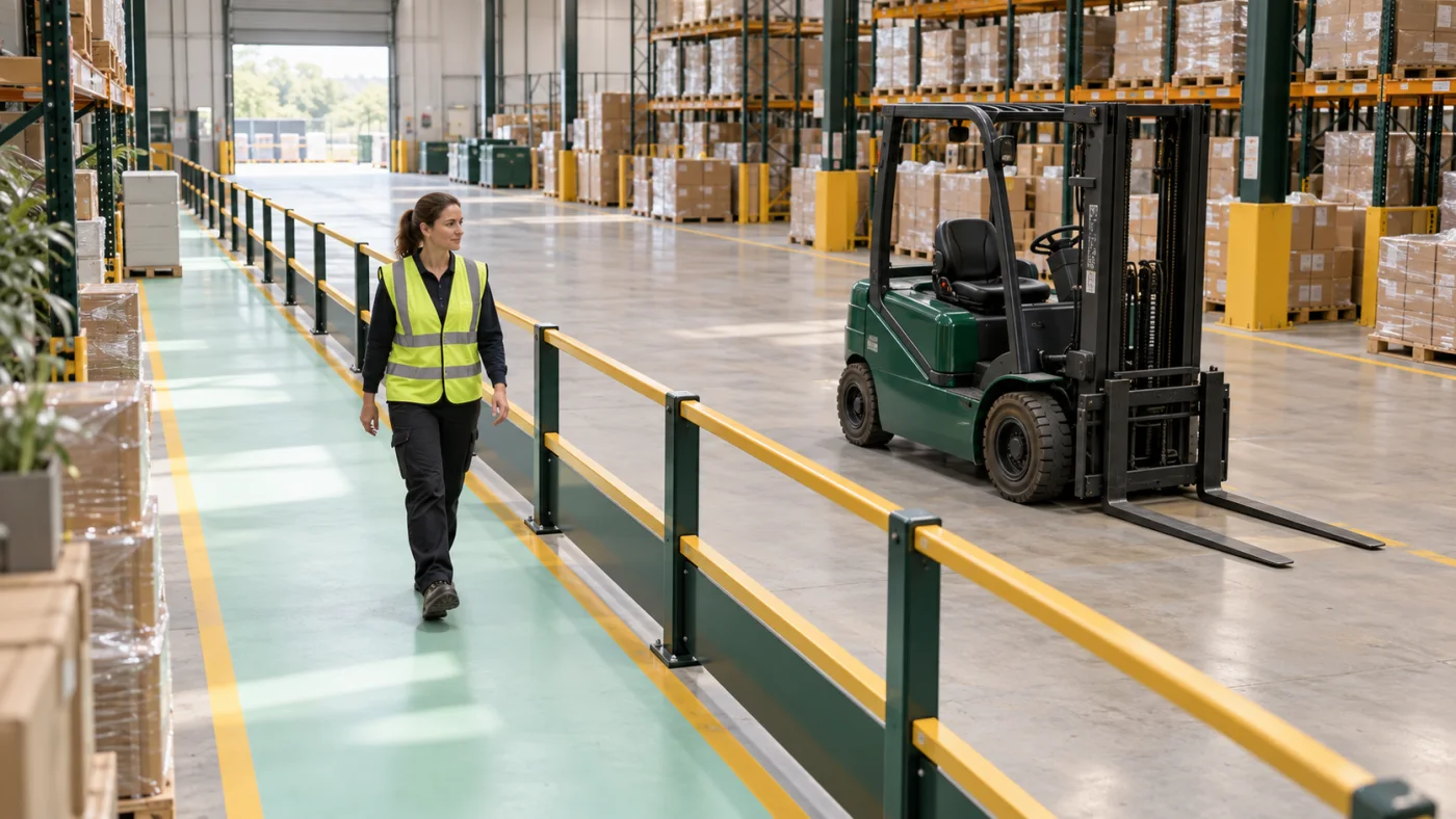 A worker in a high-visibility vest walks behind a protective rail beside a parked warehouse forklift.