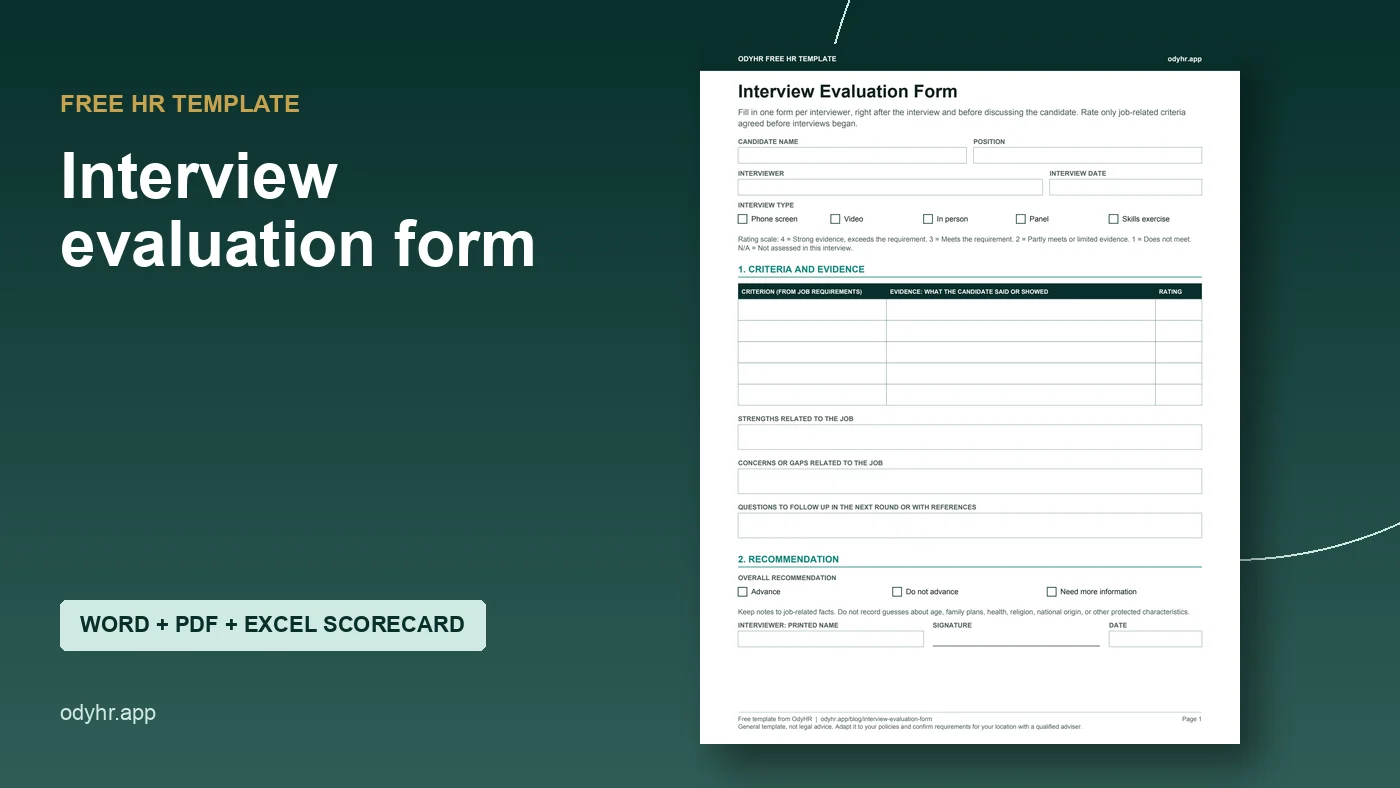 Preview of the OdyHR interview evaluation form with candidate details, rating scale and criteria table