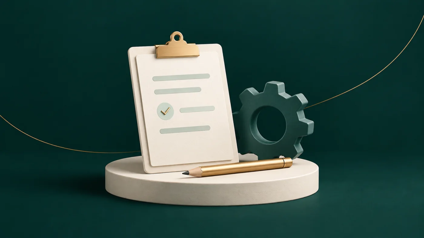 Illustration of a reporting checklist beside a gear and pencil