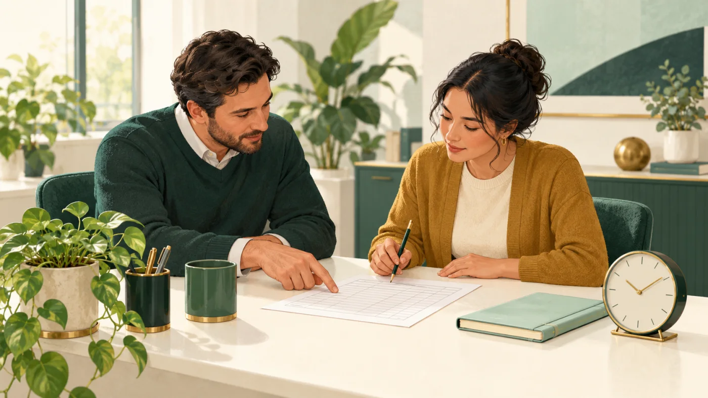 Two colleagues review a blank time-record sheet beside a simple analog clock.