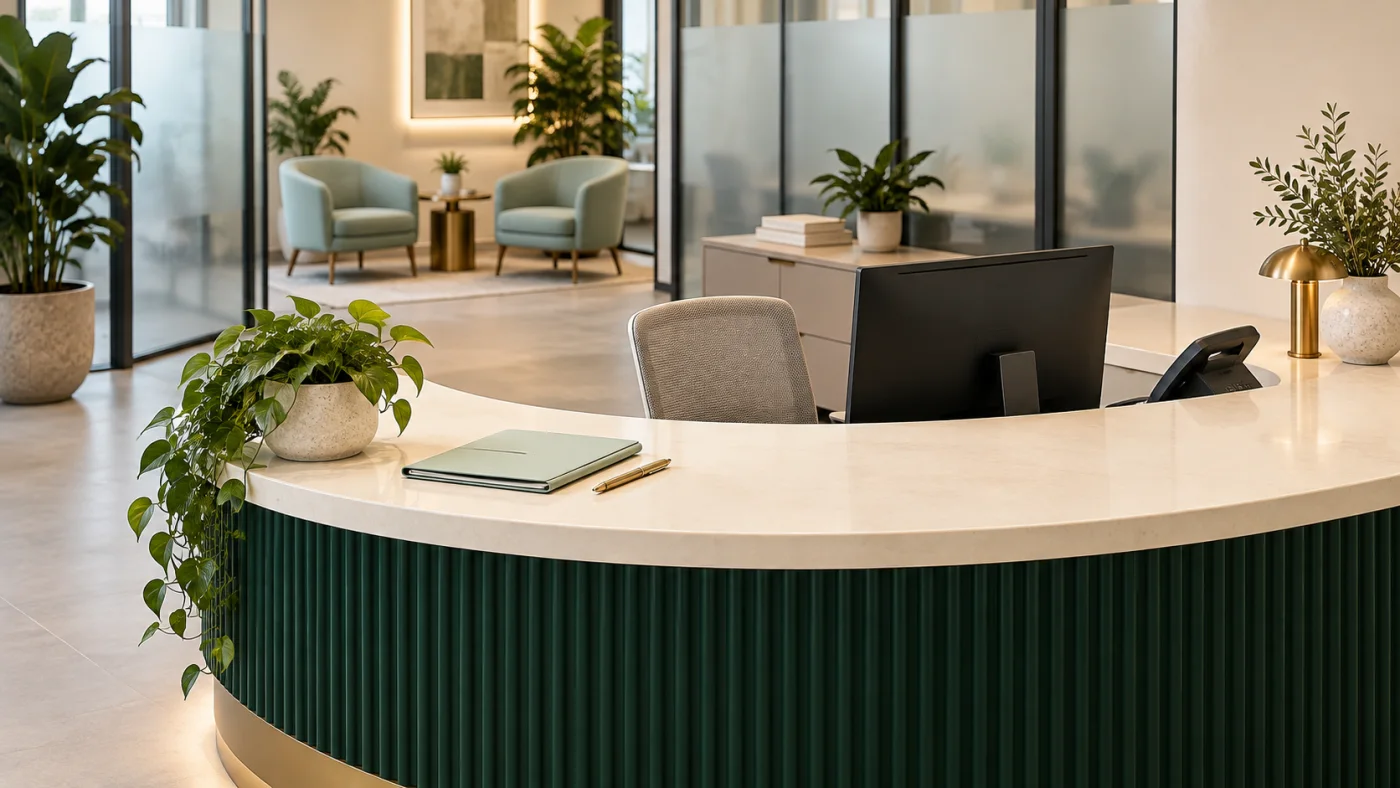 A tidy office reception desk with a closed folio, private workstation and mint-green visitor waiting chairs.