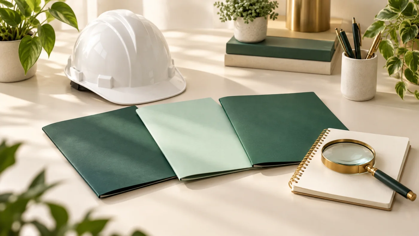 White hard hat beside blank green training folders and a magnifying glass on an ivory desk.