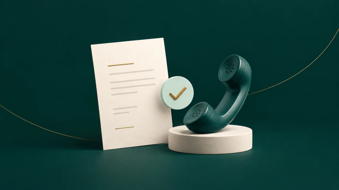 Illustration of a verification document beside a telephone and check mark