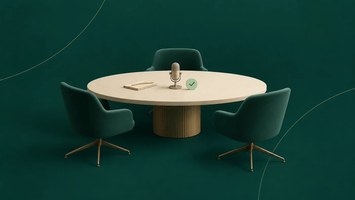 Illustration of a meeting table with a microphone and approval symbol