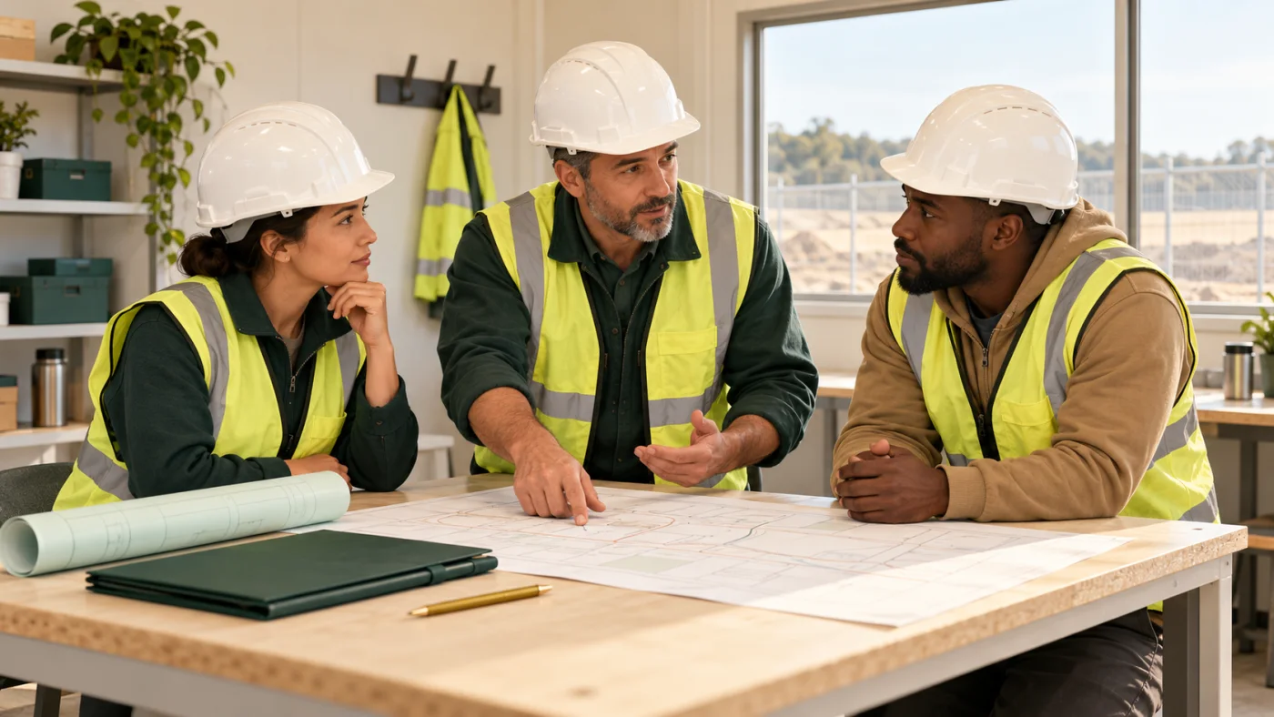 Three construction colleagues in hard hats and high-visibility vests discuss a site plan during a briefing.