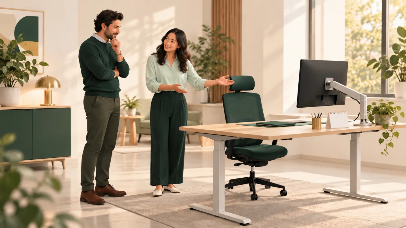 Two colleagues discuss an adjustable workstation arrangement in a quiet office.